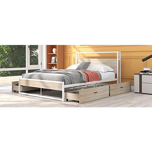 【並行輸入品】 Queen Size Metal Platform Bed Frame with Four Drawers,Sockets anの画像