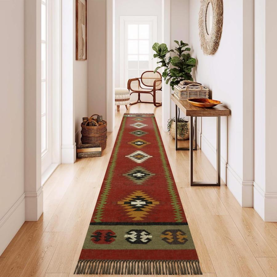 【並行輸入品】 Wool Jute Runner 2.6x12 Kilim Reversible Southwestern Runner Geo_3