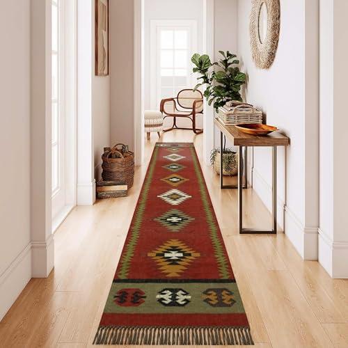 【並行輸入品】 Wool Jute Runner 2.6x12 Kilim Reversible Southwestern Runner Geo_4