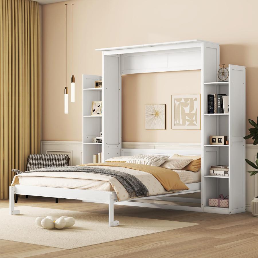 【並行輸入品】 Queen Size Murphy Bed with Shelves and LED Lights, Foldable Woodの画像