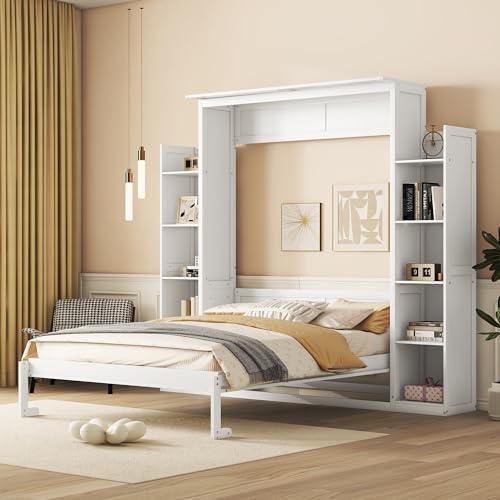 【並行輸入品】 Queen Size Murphy Bed with Shelves and LED Lights, Foldable Woodの画像