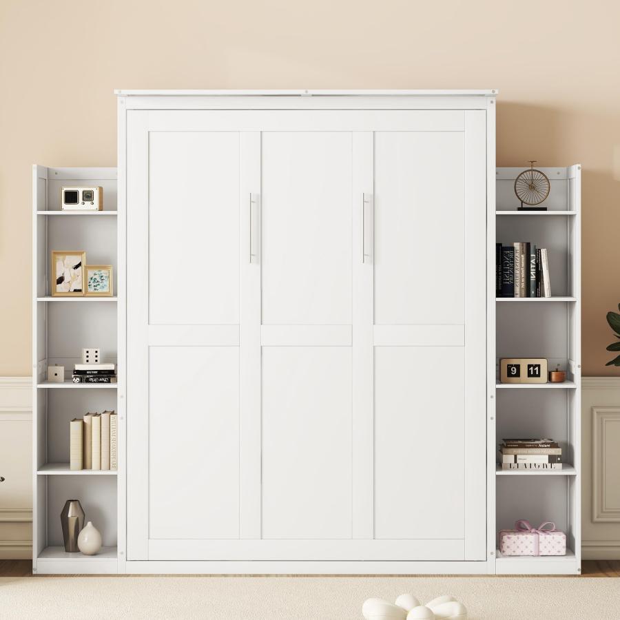 【並行輸入品】 Queen Size Murphy Bed with Shelves and LED Lights, Foldable Woodの画像