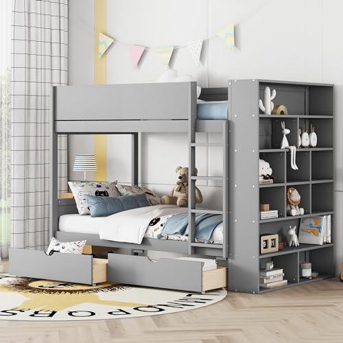 【並行輸入品】 Harper & Bright Designs Twin Over Twin Bunk Bed with Storage， Wo_1