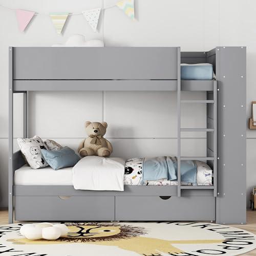 【並行輸入品】 Harper & Bright Designs Twin Over Twin Bunk Bed with Storage， Wo_4