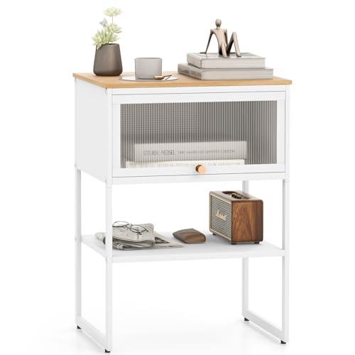 【並行輸入品】 Giantex Metal End Table， White Nightstand with Storage， Modern B