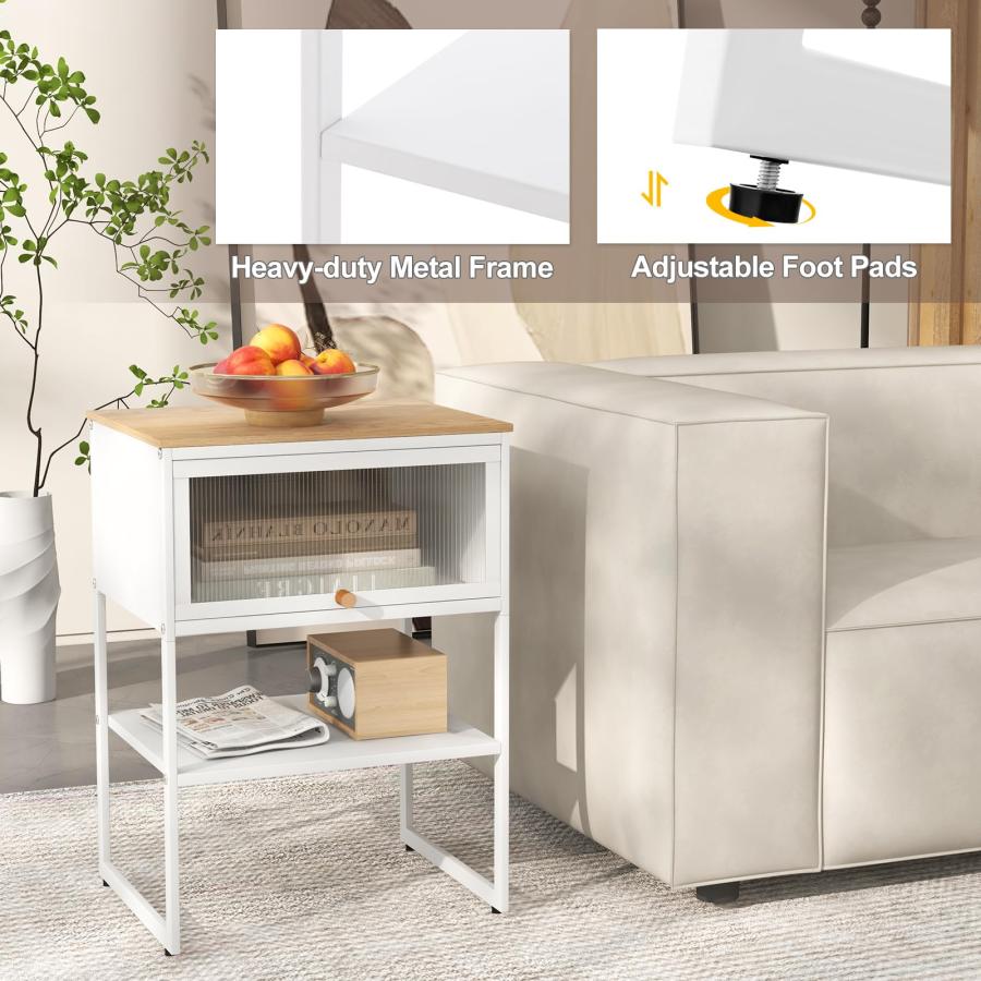 【並行輸入品】 Giantex Metal End Table， White Nightstand with Storage， Modern B