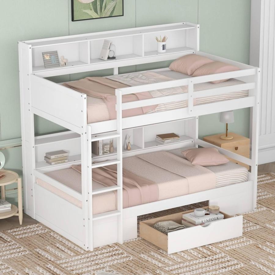 【並行輸入品】 Wood Platform Bed Frame | Twin Size Bunk Bed with Built in Shelvの画像