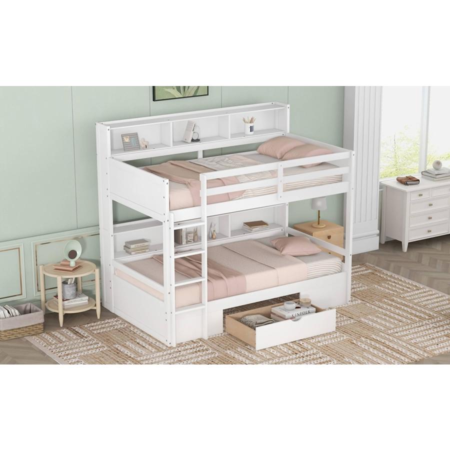 【並行輸入品】 Wood Platform Bed Frame | Twin Size Bunk Bed with Built in Shelvの画像
