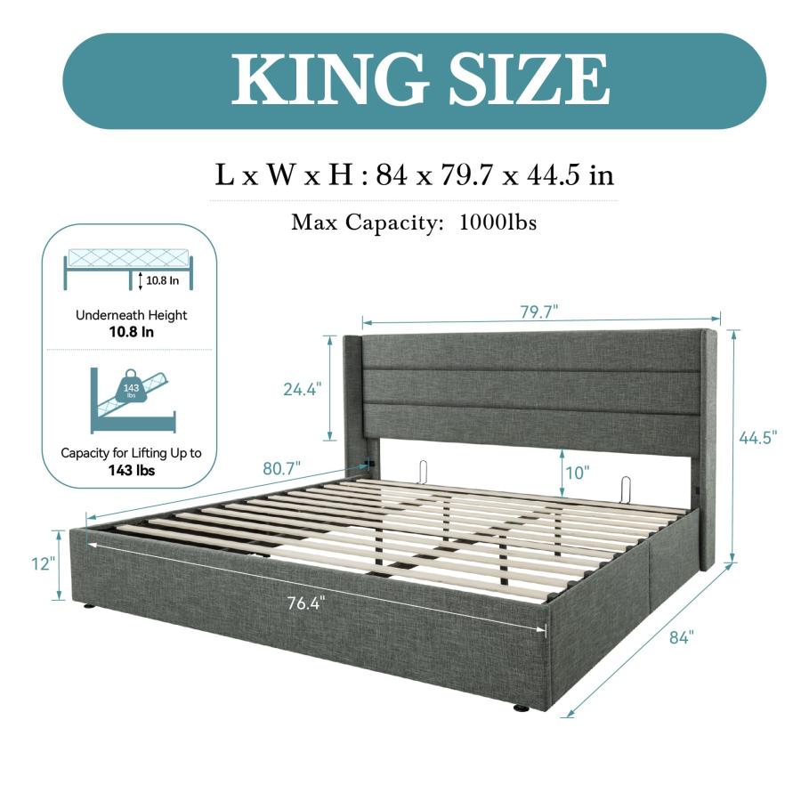 【並行輸入品】 HOOMIC King Size Lift Up Storage Platform Bed Frame with Wingbacの画像