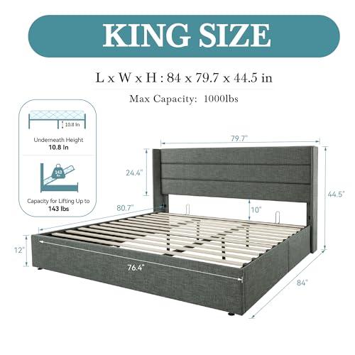 【並行輸入品】 HOOMIC King Size Lift Up Storage Platform Bed Frame with Wingbacの画像