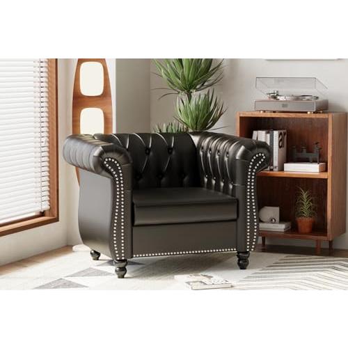 【並行輸入品】 PDNOSC Leather Chesterfield Chair， Single Sofa Chair with Nailhe_1