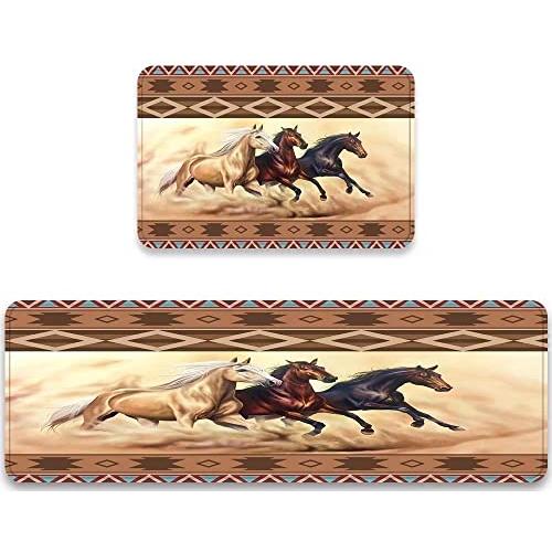 【並行輸入品】アニマルランニングホースキッチンラグセット 2ピース 砂漠で走る馬の群れ ドラマチックな空に対する嵐 フロアマット 洗えるドアマッ_1
