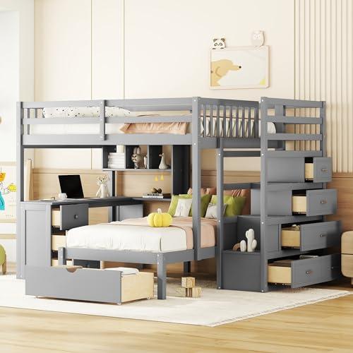 【並行輸入品】 Harper \u0026 Bright Designs Full Over Twin Bunk Bed with Stairs, Stoの画像