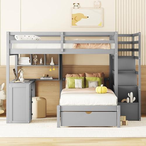 【並行輸入品】 Harper \u0026 Bright Designs Full Over Twin Bunk Bed with Stairs, Stoの画像