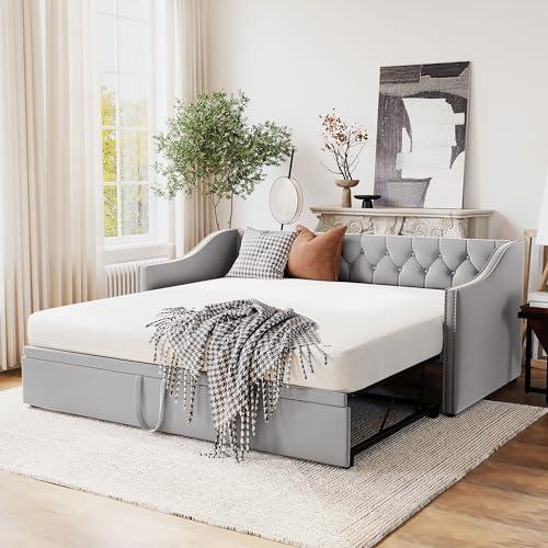 【並行輸入品】 Brand Twin Size Upholstered Daybed with Pop Up Trundle， Velvet E_1