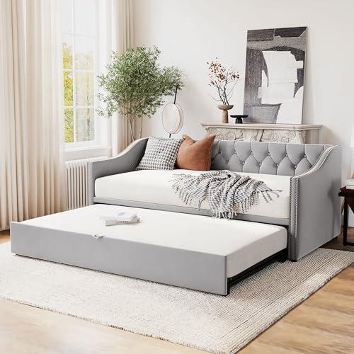 【並行輸入品】 Brand Twin Size Upholstered Daybed with Pop Up Trundle， Velvet E_4