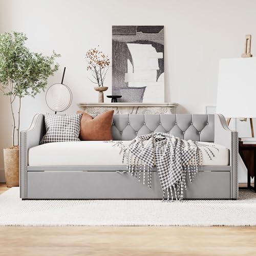 【並行輸入品】 Brand Twin Size Upholstered Daybed with Pop Up Trundle， Velvet E_7