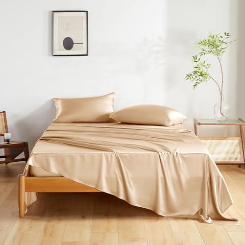 【並行輸入品】THXSILK シルクシーツセット 4点、クイーンサイズシーツセット、柔らかく通気性のある冷却ベッドシーツ フラットシーツ1枚、ボ_1