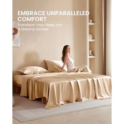 【並行輸入品】THXSILK シルクシーツセット 4点、クイーンサイズシーツセット、柔らかく通気性のある冷却ベッドシーツ フラットシーツ1枚、ボ_7