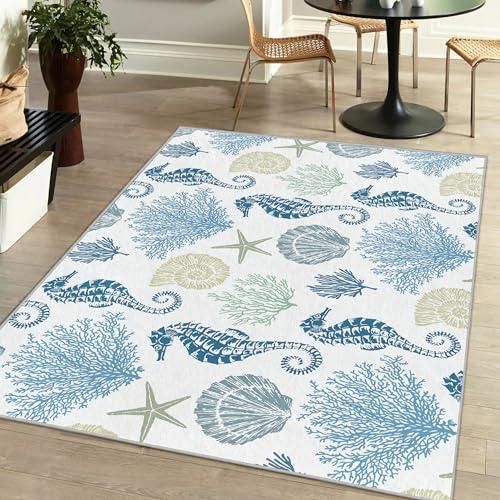 【並行輸入品】Coastal Nautical Rug 寝室&リビングルーム用、ソフトローベルベットカーペット、洗えるビーチエリアラグ モダ_1