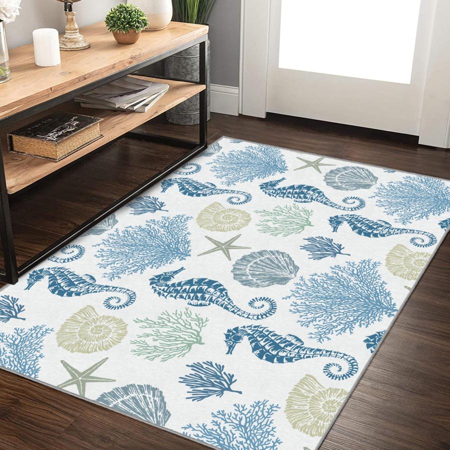 【並行輸入品】Coastal Nautical Rug 寝室&リビングルーム用、ソフトローベルベットカーペット、洗えるビーチエリアラグ モダ_3