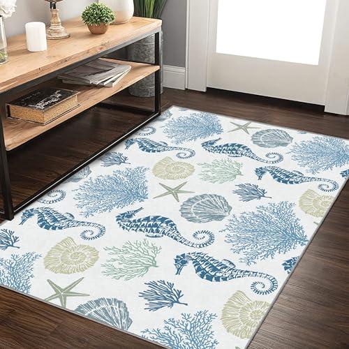 【並行輸入品】Coastal Nautical Rug 寝室&リビングルーム用、ソフトローベルベットカーペット、洗えるビーチエリアラグ モダ_4