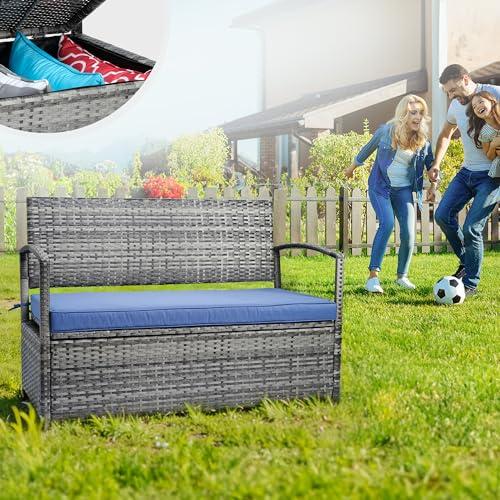【並行輸入品】 OYODHPDU 60 Gallon Outdoor Storage Bench All Weather PE Rattan