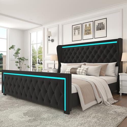 【並行輸入品】 Queen Platform Bed Frame with High headboard, Velvet Upholsteredの画像