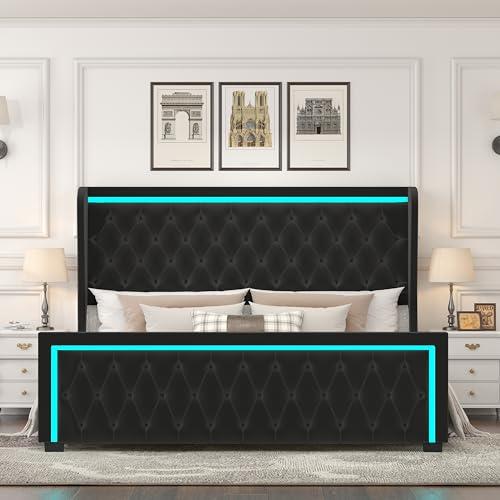 【並行輸入品】 Queen Platform Bed Frame with High headboard, Velvet Upholsteredの画像
