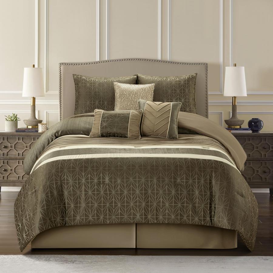 【並行輸入品】 Grand Avenue Taupe Comforter Set King Size， 9 Piece Geometric Be