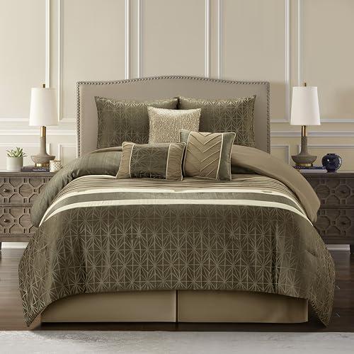 【並行輸入品】 Grand Avenue Taupe Comforter Set King Size， 9 Piece Geometric Be