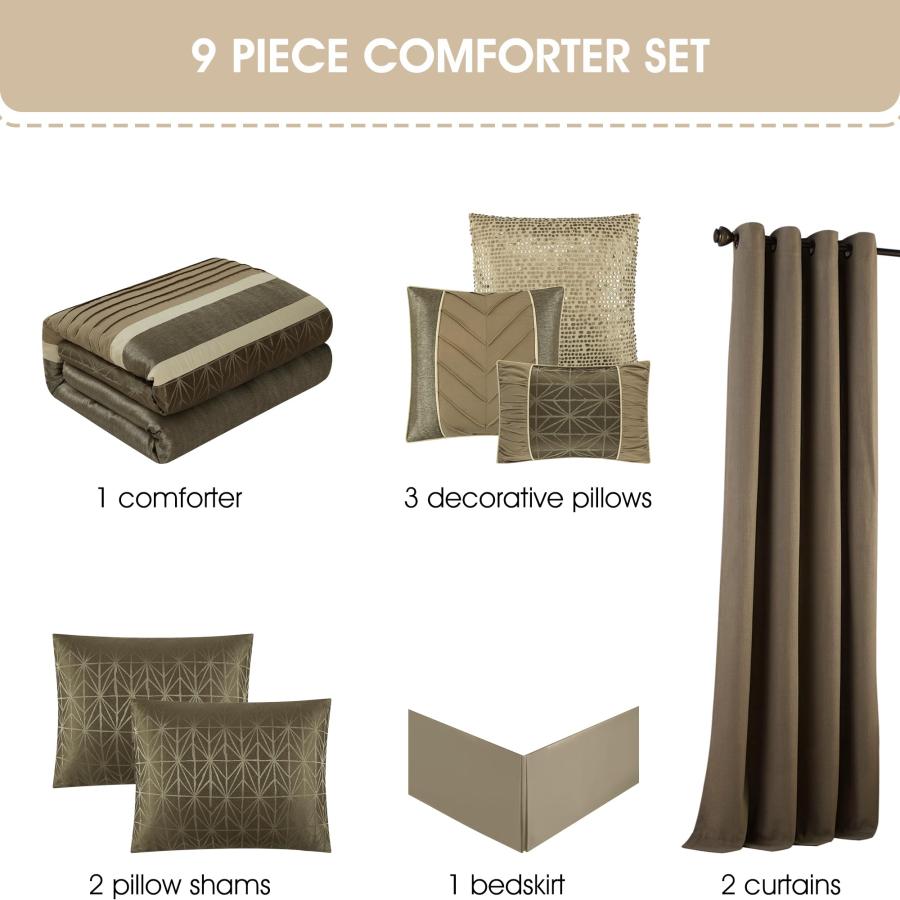 【並行輸入品】 Grand Avenue Taupe Comforter Set King Size， 9 Piece Geometric Be