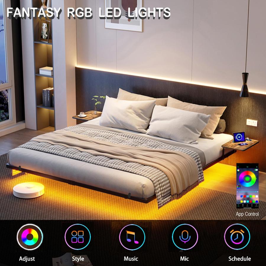 【並行輸入品】Bigu フローティングベッドフレーム キング ベッドサイドテーブル 充電ステーション LEDライト付き メタルプラットフォーム_3