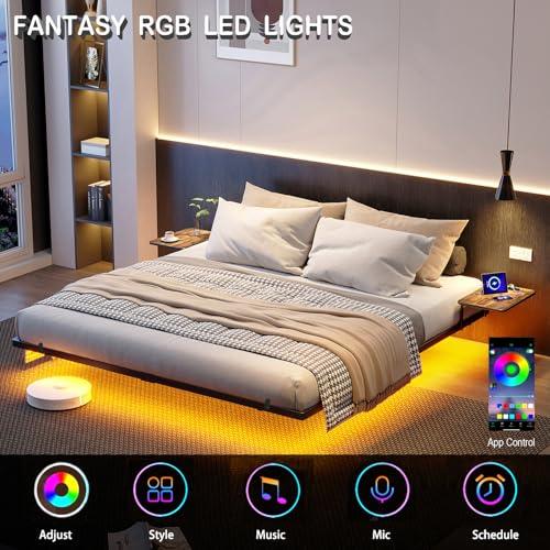 【並行輸入品】Bigu フローティングベッドフレーム キング ベッドサイドテーブル 充電ステーション LEDライト付き メタルプラットフォーム_4