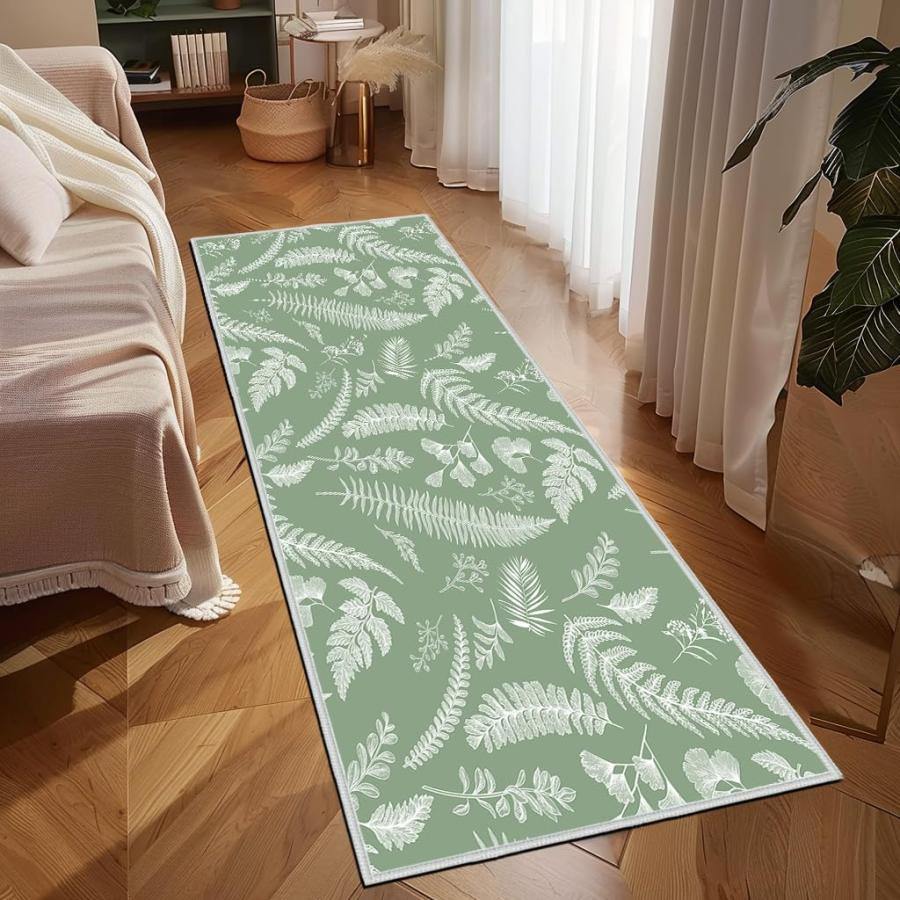 並行輸入品】セージグリーン ランナーラグ 廊下用 植物 葉 花柄