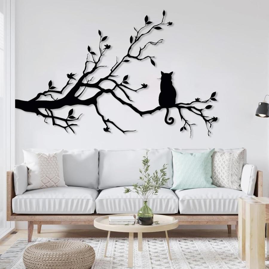 【並行輸入品】 Metal Wall Art Cat on a Branch， Garden & Bird Wall Decor for O