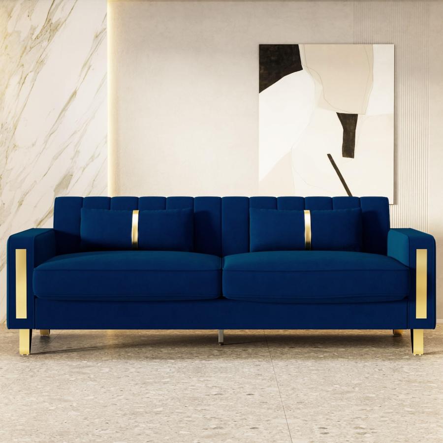 【並行輸入品】 yunqishi 85.63" Modern Blue Velvet Sofa with Gold Metal Legs Lar_2