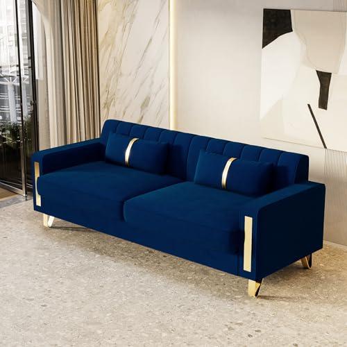 【並行輸入品】 yunqishi 85.63" Modern Blue Velvet Sofa with Gold Metal Legs Lar_3
