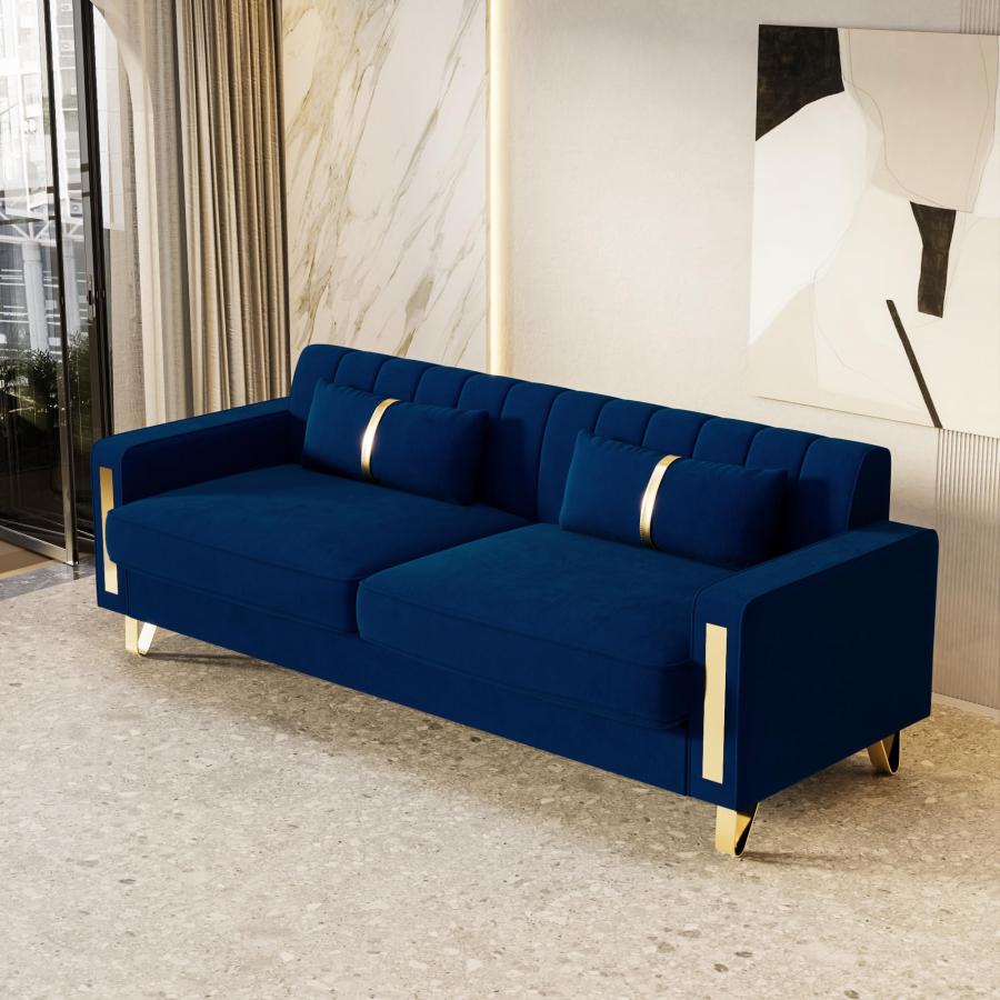 【並行輸入品】 yunqishi 85.63" Modern Blue Velvet Sofa with Gold Metal Legs Lar_5