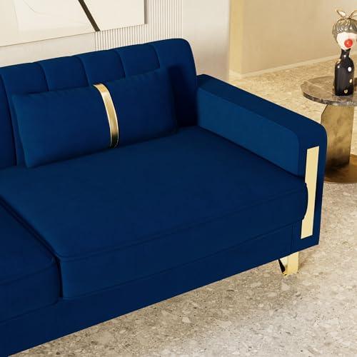 【並行輸入品】 yunqishi 85.63" Modern Blue Velvet Sofa with Gold Metal Legs Lar_6