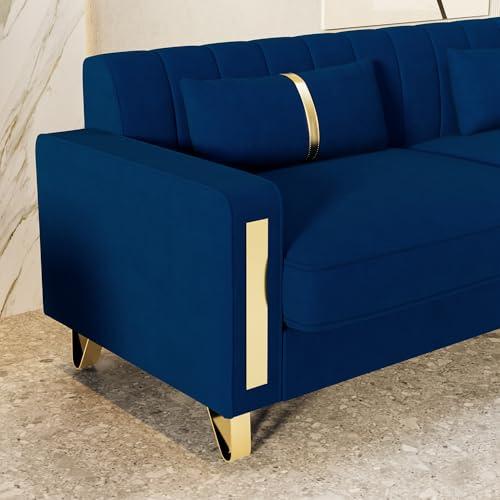 【並行輸入品】 yunqishi 85.63" Modern Blue Velvet Sofa with Gold Metal Legs Lar_9