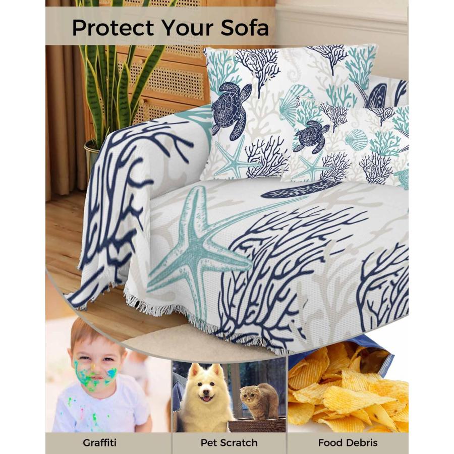 【並行輸入品】ダークブルーグレーコーラルソファカウチカバー 犬用ウォッシャブルセクショナルカウチスリップカバー タッセル付きラブシート用、海岸航
