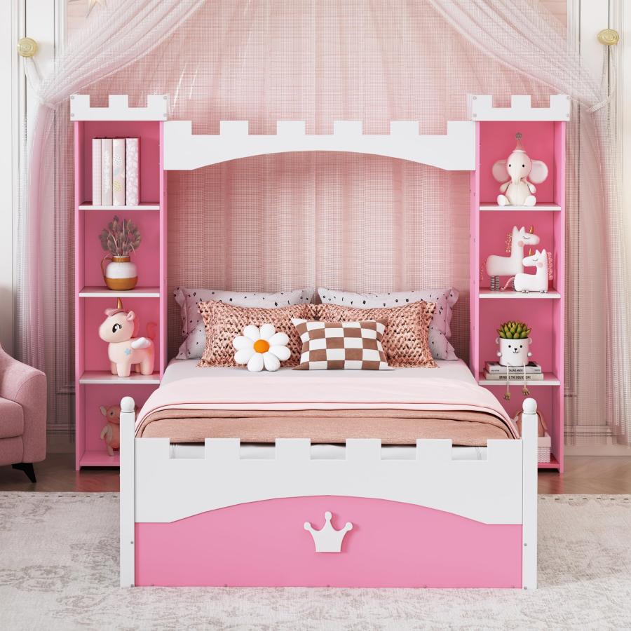 【並行輸入品】 Twin Size Castle Bed with Bookcase， Wooden Storage Bed Frame for_3