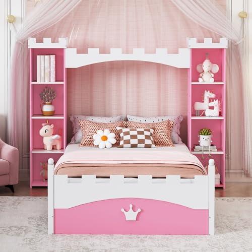 【並行輸入品】 Twin Size Castle Bed with Bookcase， Wooden Storage Bed Frame for_4