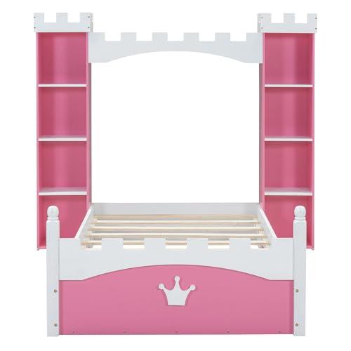 【並行輸入品】 Twin Size Castle Bed with Bookcase， Wooden Storage Bed Frame for_7