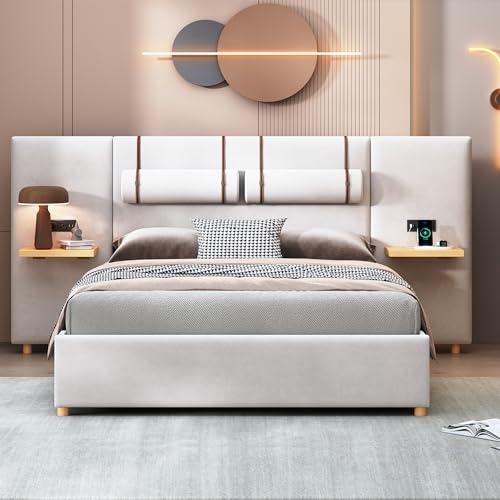 【並行輸入品】 AMNOOI Queen Size Upholstered Platform Bed Frame with Built in P