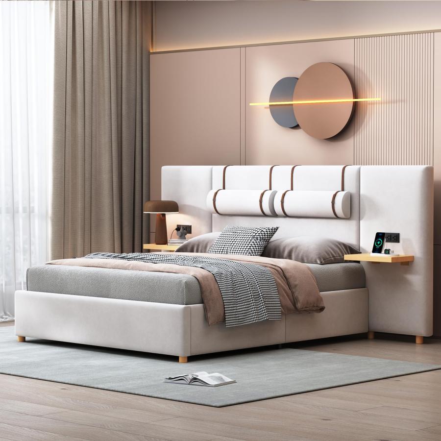 【並行輸入品】 AMNOOI Queen Size Upholstered Platform Bed Frame with Built in P