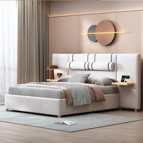 【並行輸入品】 AMNOOI Queen Size Upholstered Platform Bed Frame with Built in P
