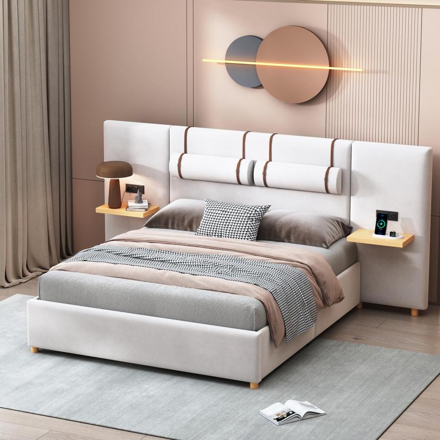 【並行輸入品】 AMNOOI Queen Size Upholstered Platform Bed Frame with Built in P
