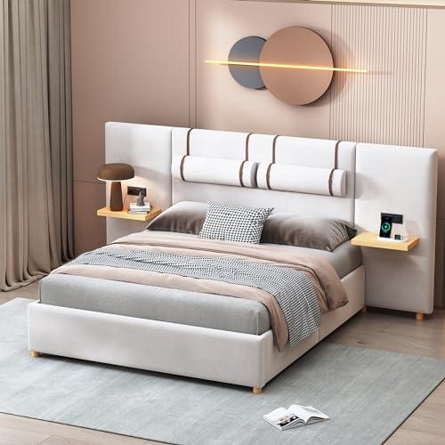 【並行輸入品】 AMNOOI Queen Size Upholstered Platform Bed Frame with Built in P